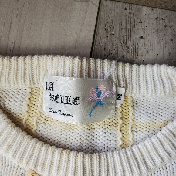 La Relle Women's Yellow and White Short Sleeve Embellished Vintage Sweater MED - Picture 4 of 16